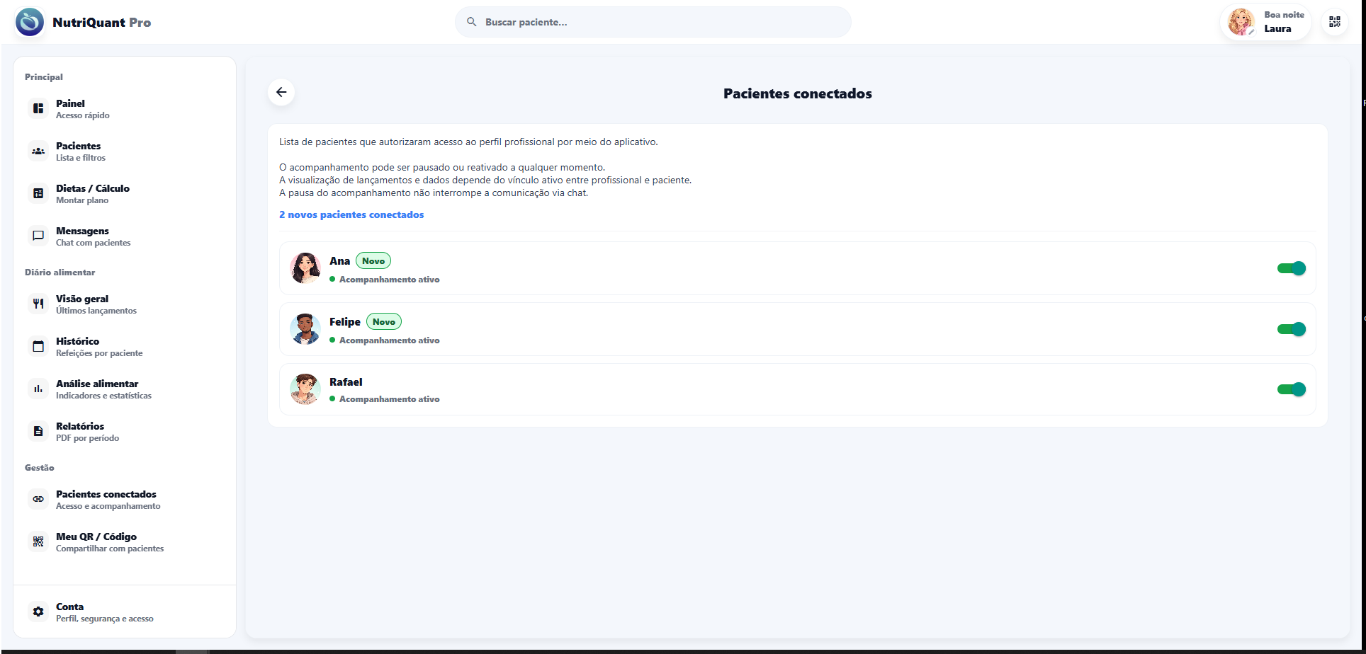 Tela de pacientes conectados